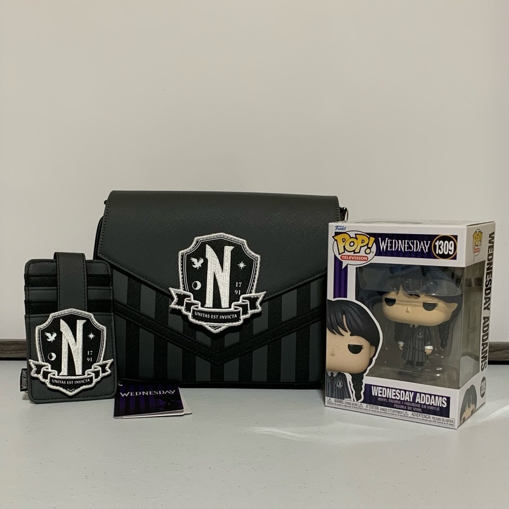 Loungefly Wednesday Addams Nevermore Uniform Crossbody Bag, Card Holder, & POP!